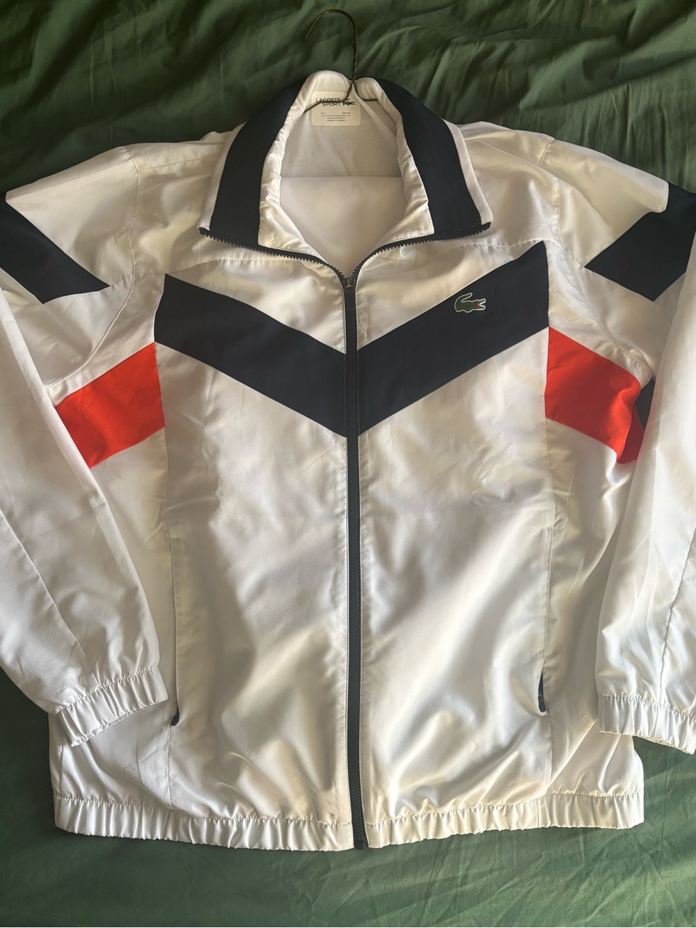 Lacoste White Track Jacket with Navy Chevron and Red Sleeve Panels